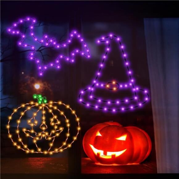 Halloween Decorations, Bat Pumpkin Hat Window Lights, 8 Modes Battery Operated - Picture 5 of 8